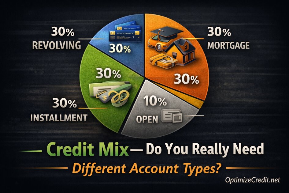 Pie chart showing how credit mix contributes to FICO score calculation