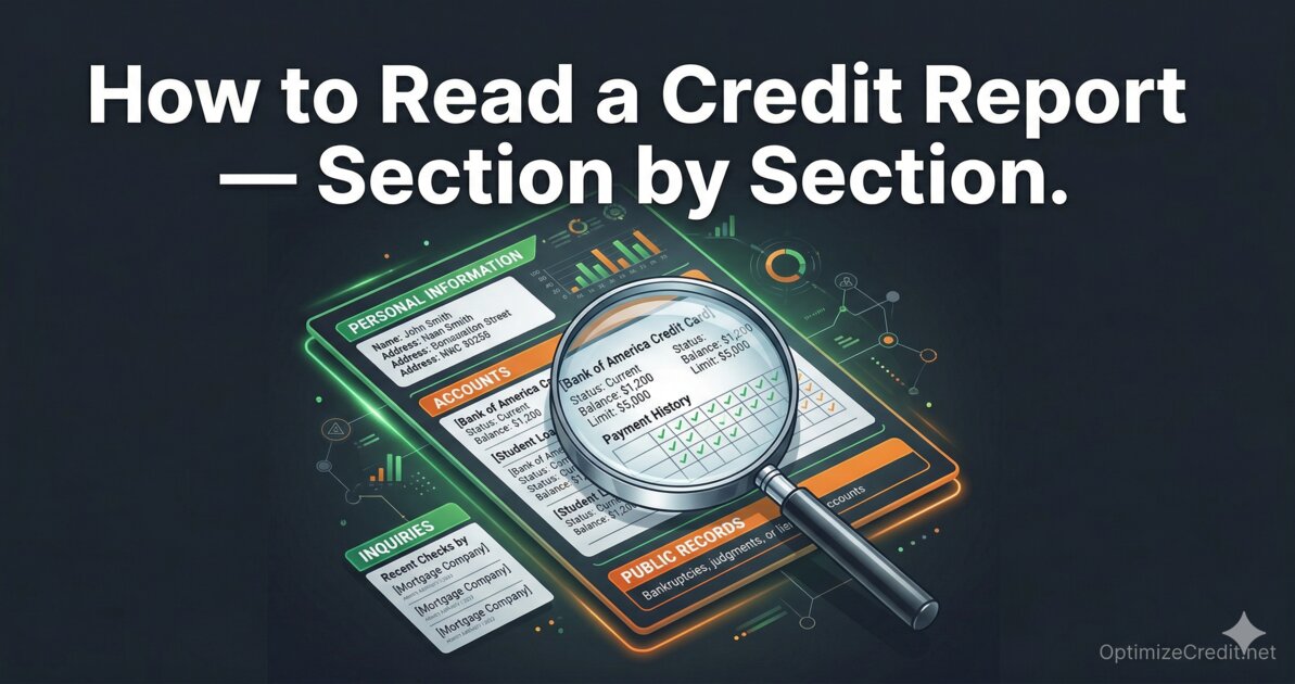Annotated sample credit report highlighting key sections to review