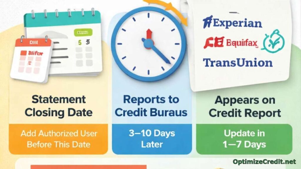 Calendar view illustrating the 15 to 45 day reporting cycle for authorized user tradelines to hit major bureaus