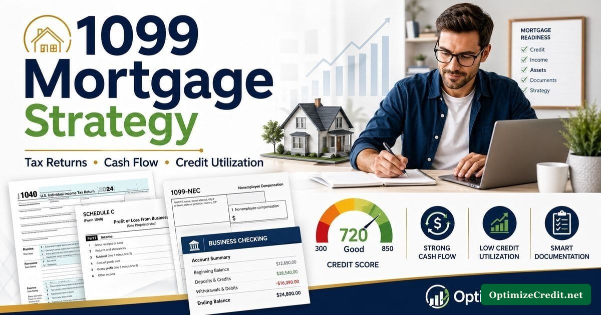 1099 Mortgage Approval guide: editorial flat-lay showing tax returns, a silver calculator, and brass house keys on a wooden desk