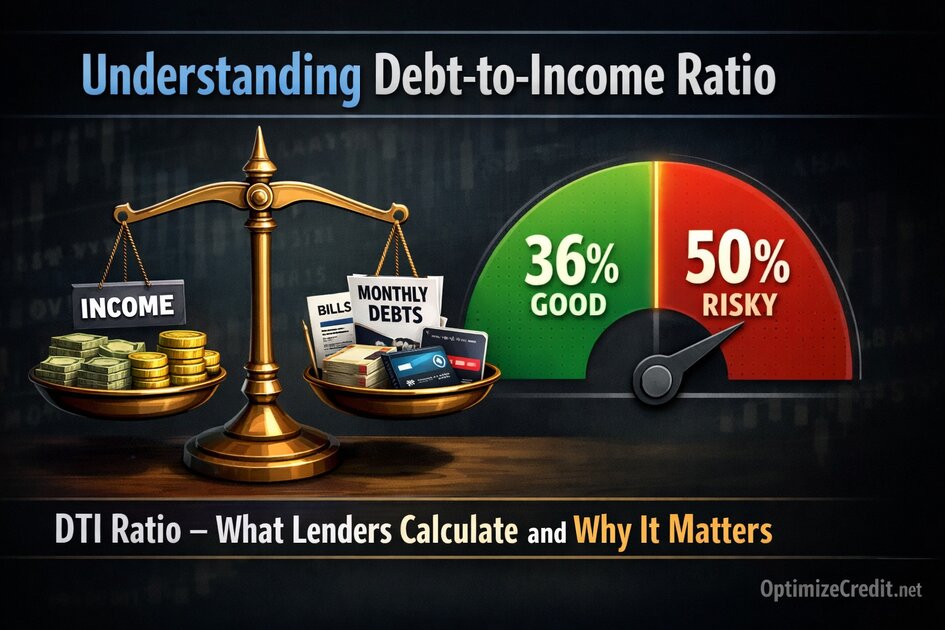 Calculator illustration showing debt-to-income ratio formula and thresholds